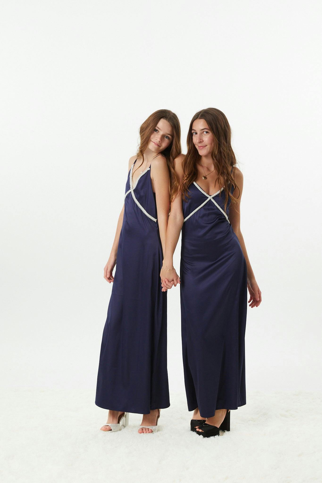 Miller Navy Satin Maxi Dress With Lace Trim