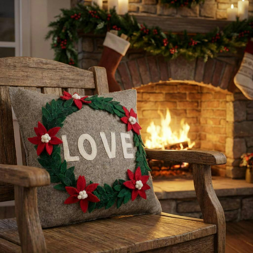 Handmade Pillow Hand Felted Wool - LOVE Wreath Gray - 20"