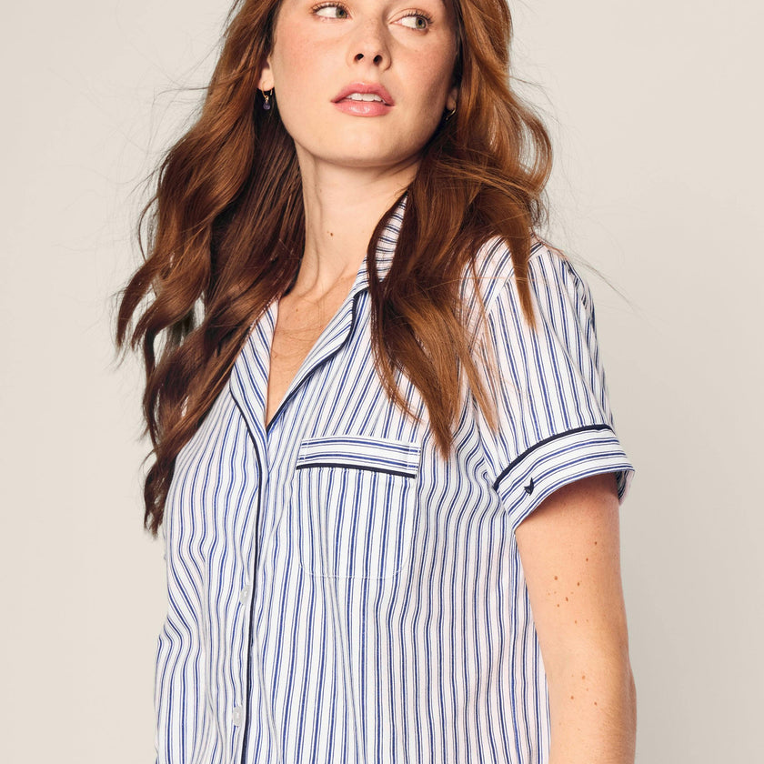 Women's Pima Short Set in Navy French Ticking