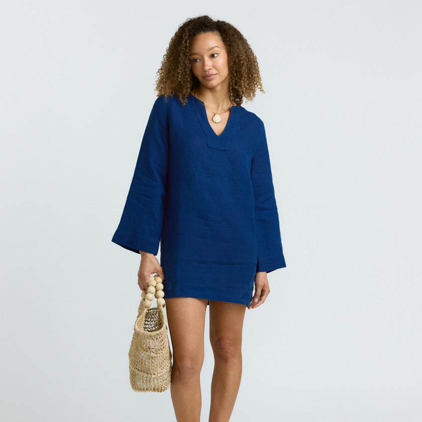 women's oyster blue linen tunic dress