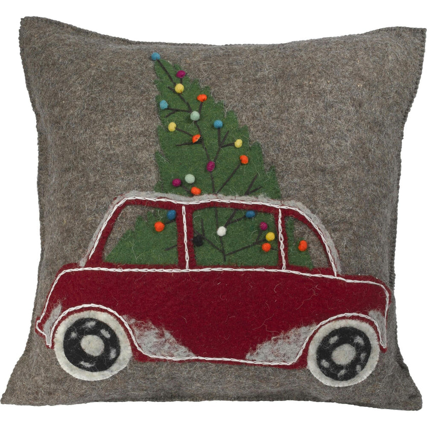 Hand Felted Wool Christmas Pillow - Car Tree Gray - 20"