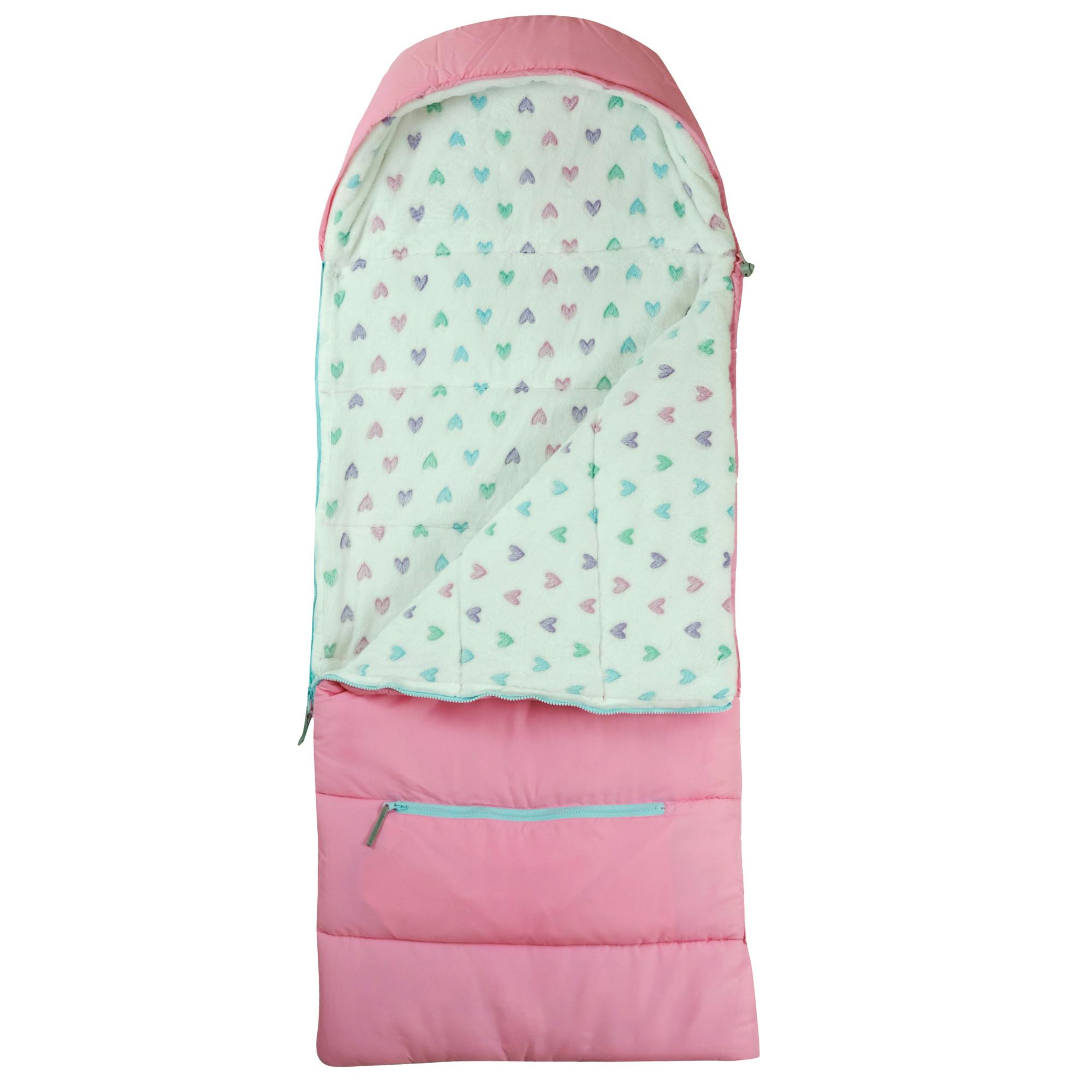 Sleep-N-Pack: Packable Sleeping Bag, Little Kid 3-6 yrs - Cosmos Pink/Glow-In-The-Dark Hearts