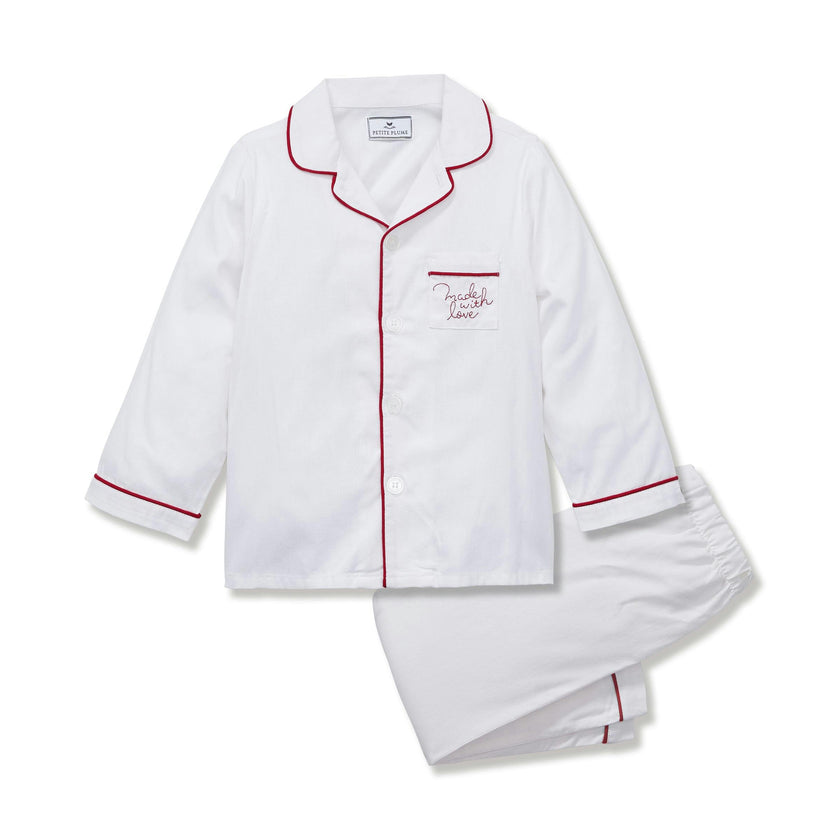 Kid's Twill Pajama Set in White with 'Made with Love' Embroidery