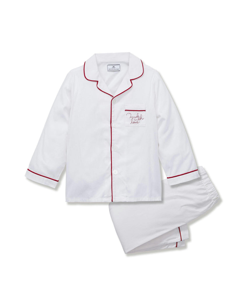 Kid's Twill Pajama Set in White with 'Made with Love' Embroidery