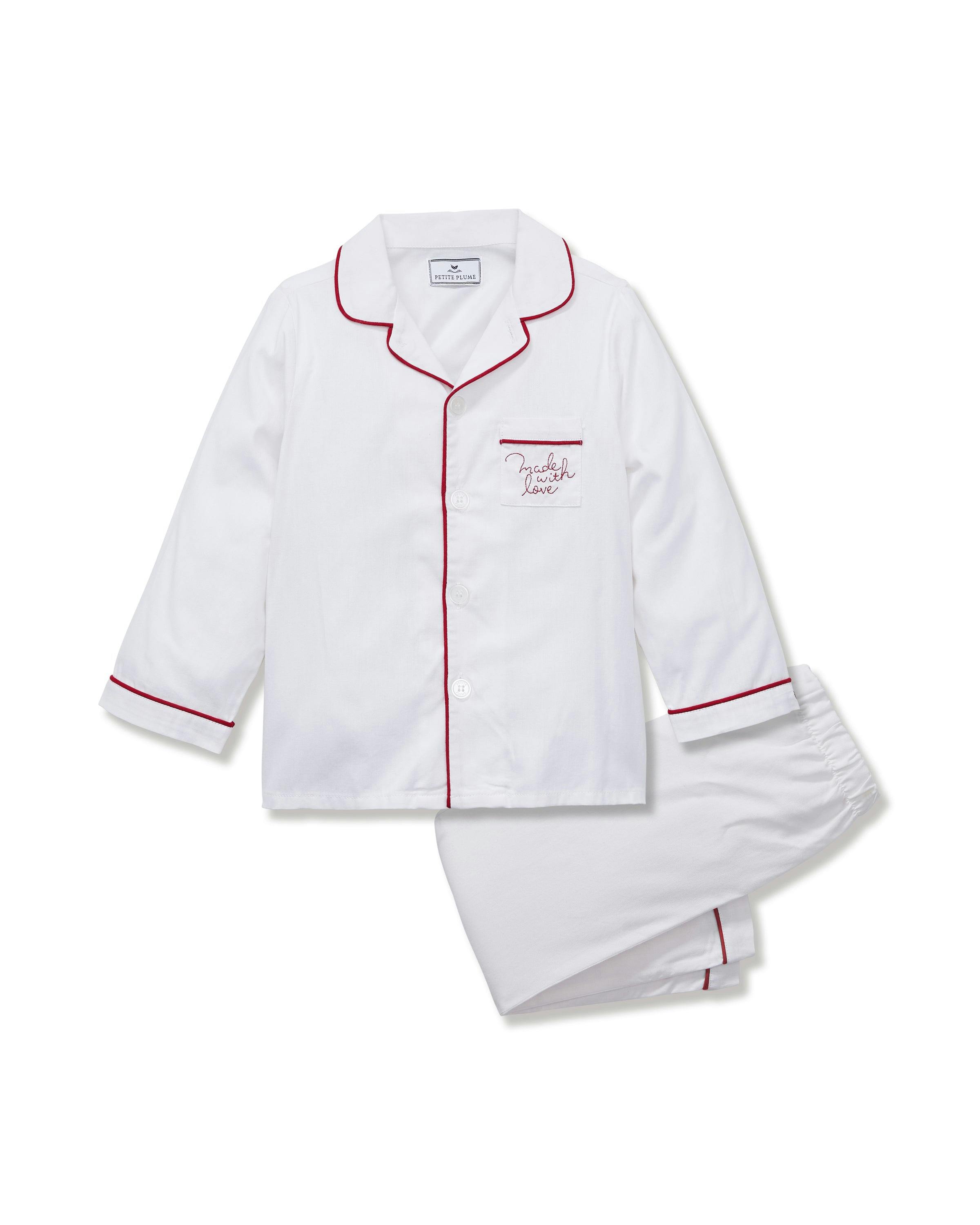 Kid's Twill Pajama Set in White with 'Made with Love' Embroidery