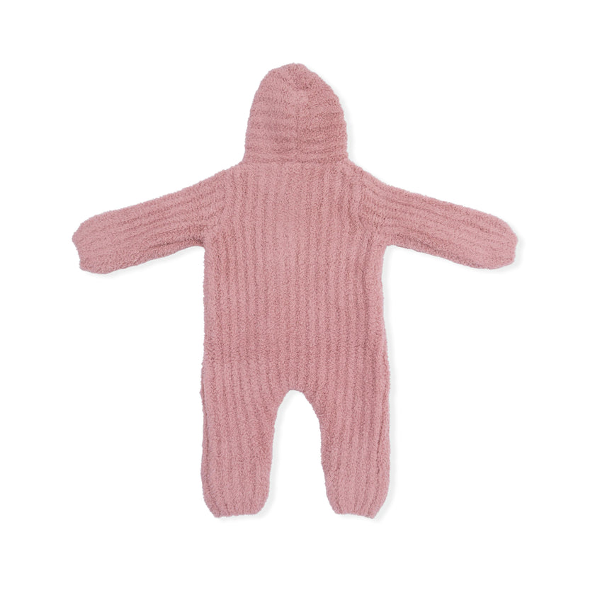 Chenille - Rose Hooded Romper with Striped Texture