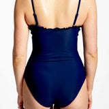 women's navy ruffle edge one piece