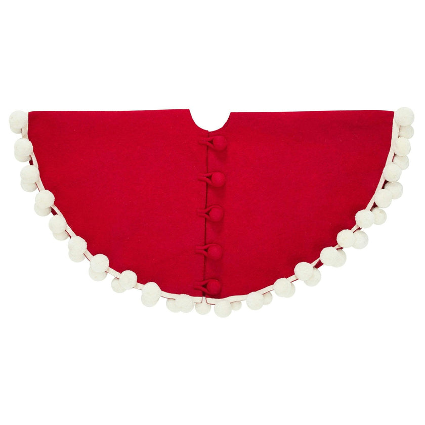 Handmade Christmas Tree Skirt Felt - Pom Poms Red 63" / 72"