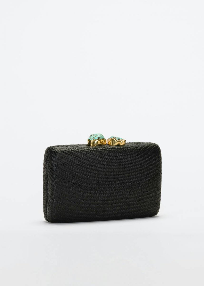 Women's Jen Straw Turquoise Stone Clutch Bag, Black