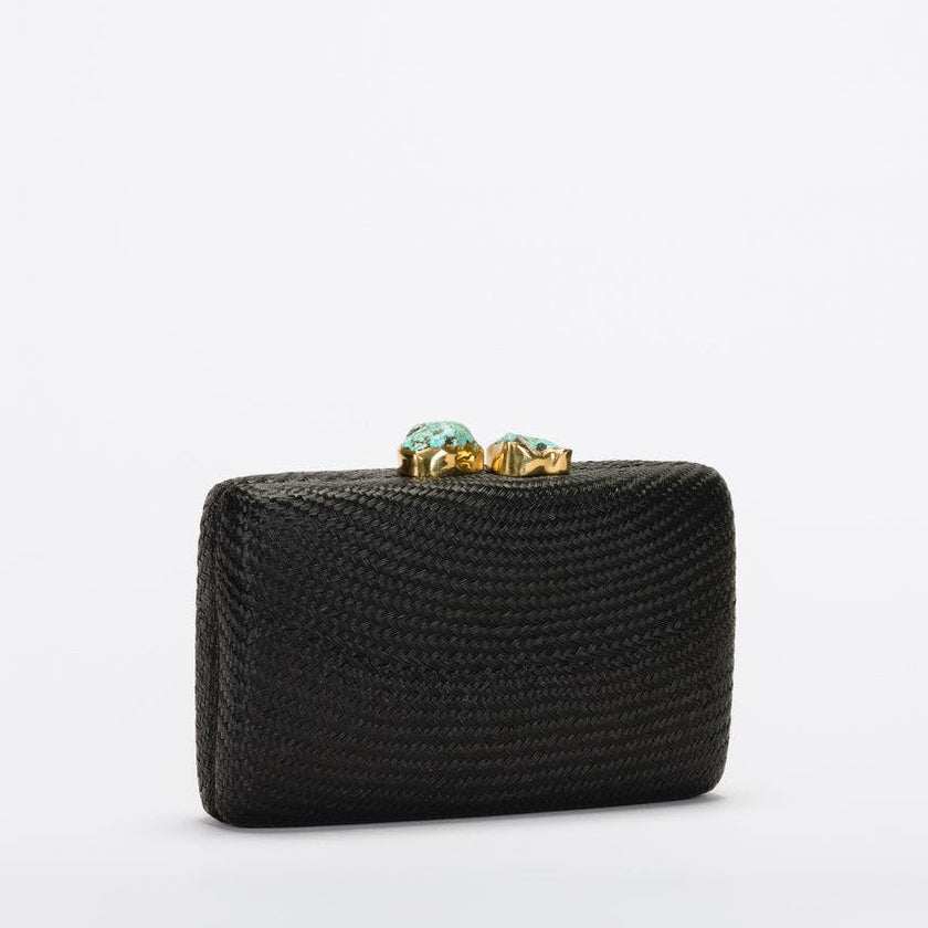 Women's Jen Straw Turquoise Stone Clutch Bag, Black