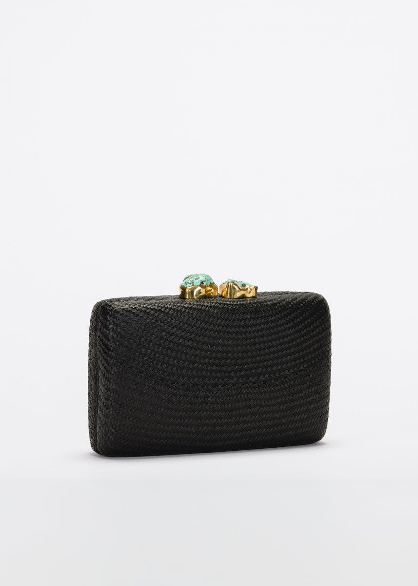 Women's Jen Straw Turquoise Stone Clutch Bag, Black