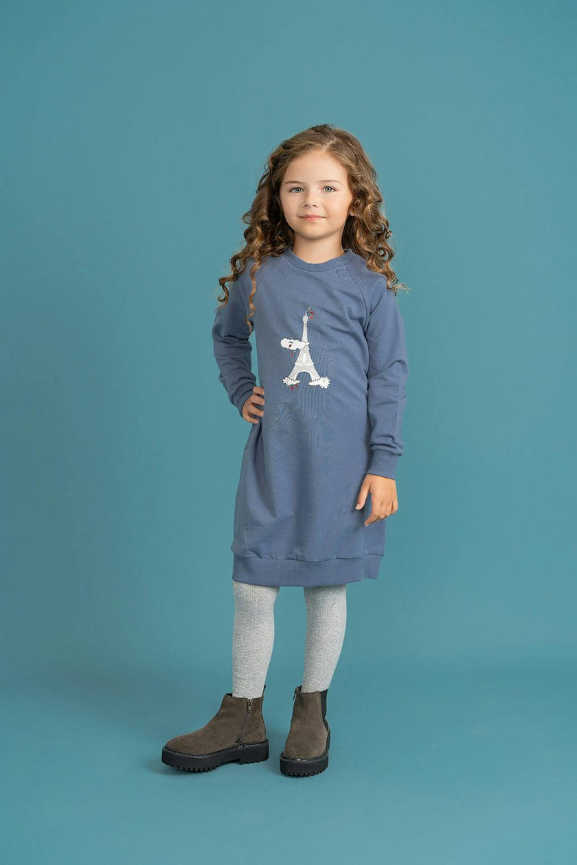 Eiffel Tower Print Bubble Ribbed Snap Front Dress