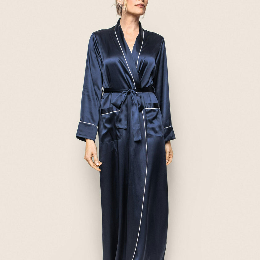 Women's Silk Long Robe in Navy
