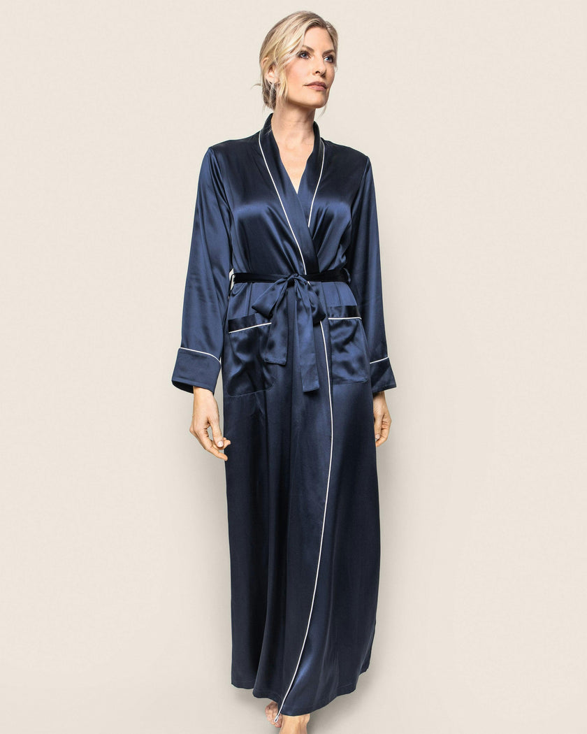 Women's Silk Long Robe in Navy