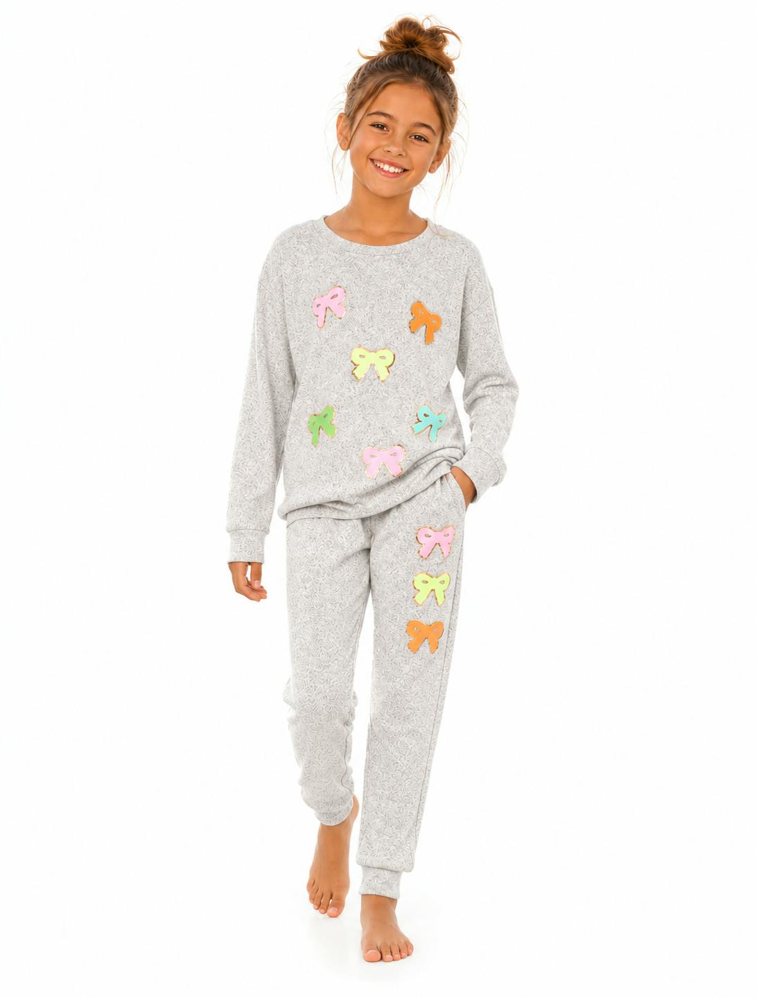 Hacci Sweatpants with Assorted Color Glitter Chenille Bow Patches
