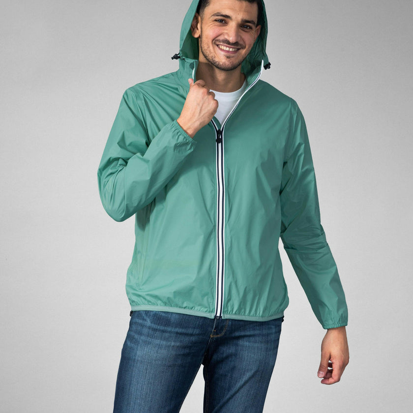 Moss green full zip packable Rain jacket and windbreaker