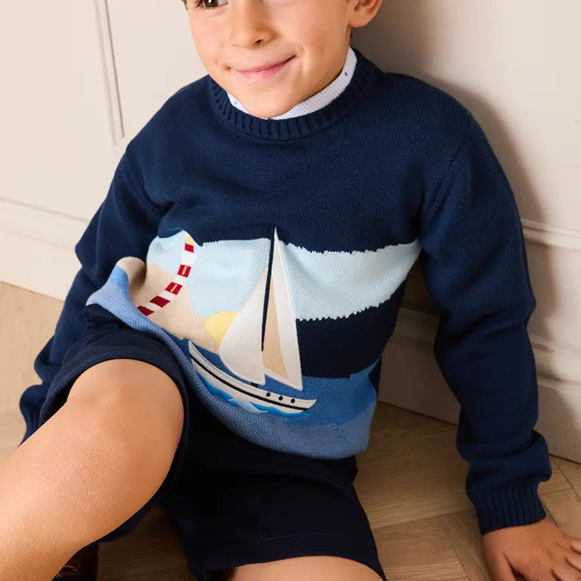 Seaside Postcard Knitted Jumper in Navy (18mths-6yrs)