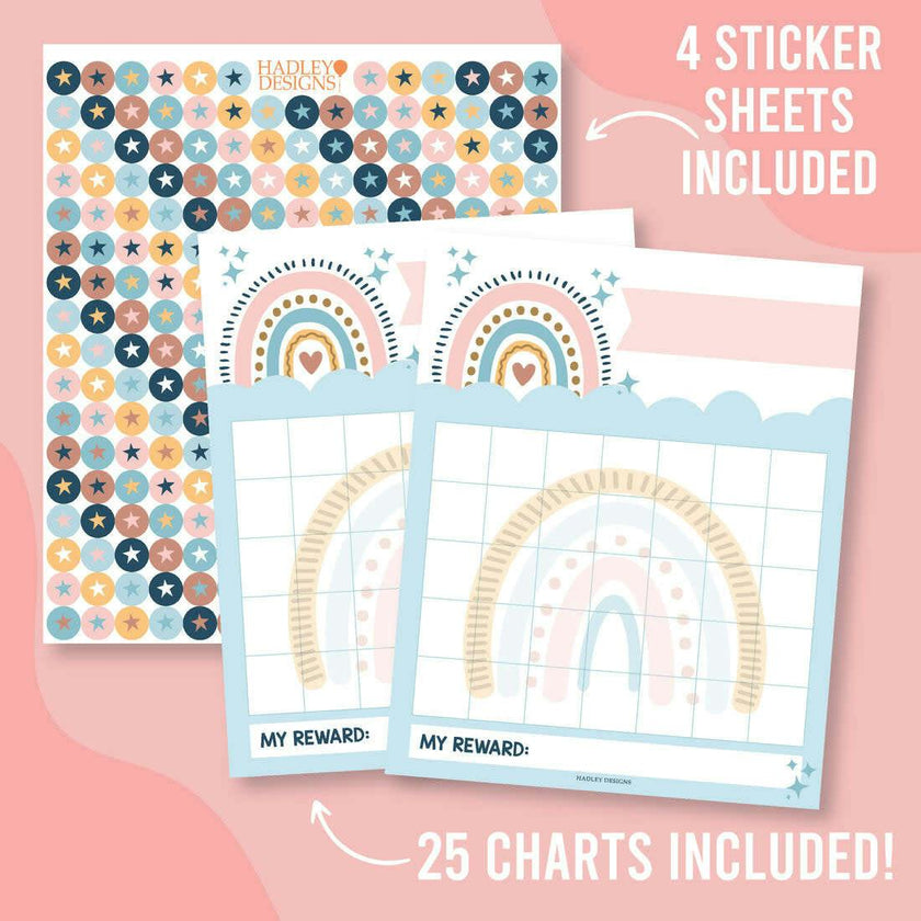 Boho Rainbow Kids Reward Sticker Charts & Day-N-Night Routine Charts Bundle