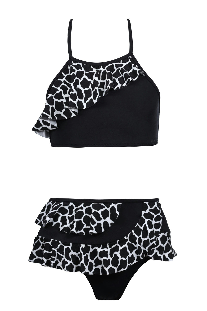 Tinto Print Halter Neck Ruffled 2-Piece Bikini Swimsuit
