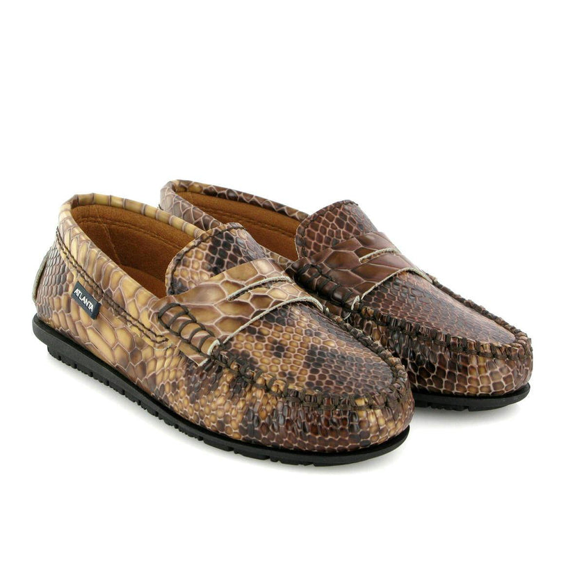 Snake Effect Leather Penny Moccasins, Camel