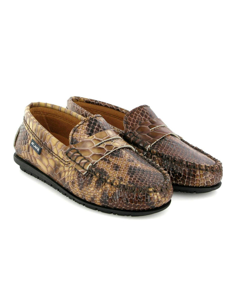 Snake Effect Leather Penny Moccasins, Camel