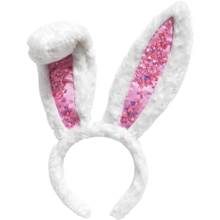Packed Party Too Cute to Hop Plush Bunny Ears Headband - Trapped Pastel Confetti Interior with Fuzzy White Trim for Easter Parties and Spring Celebrations
