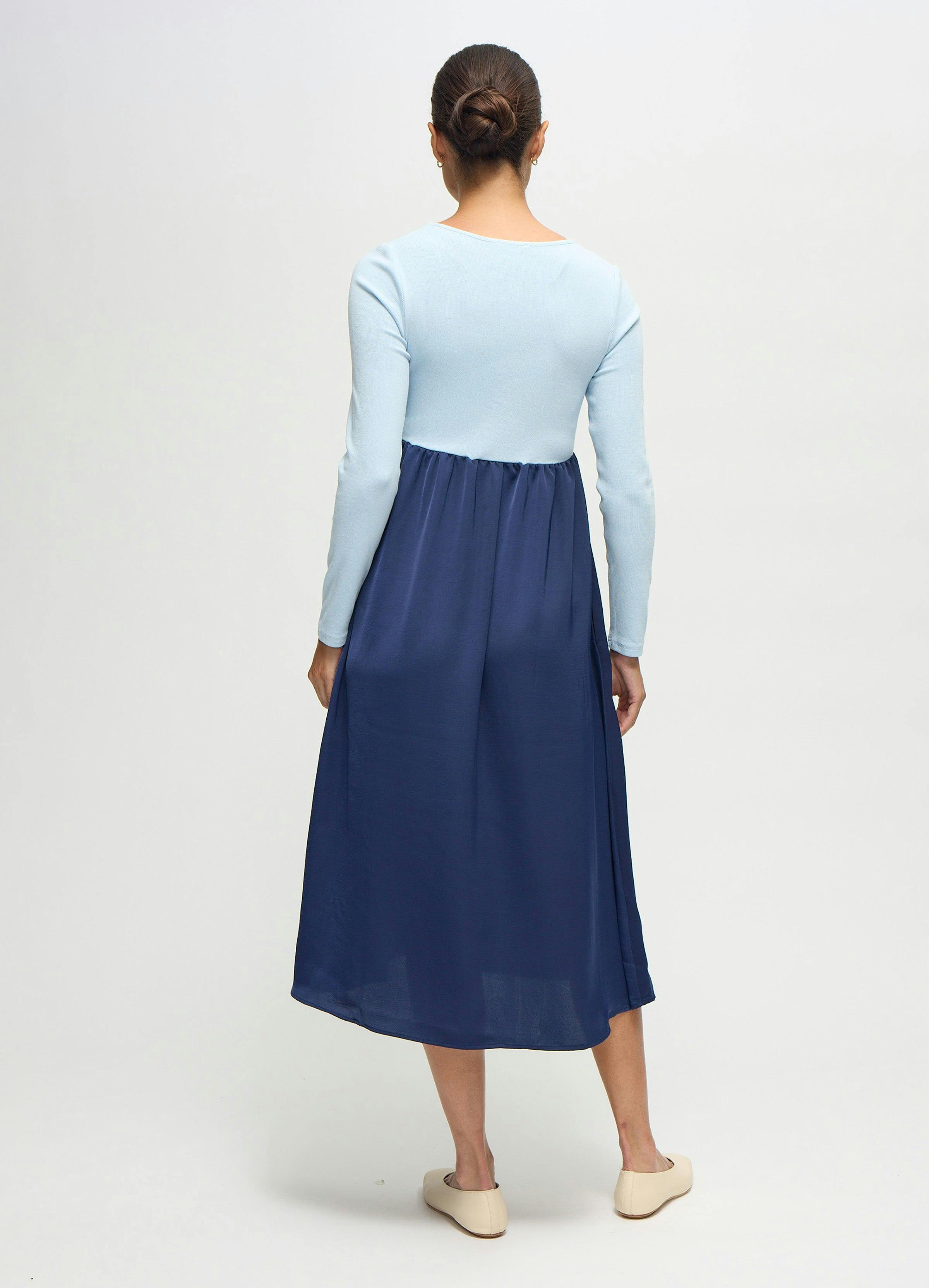 Long Sleeve Knit to Woven Maternity Nursing Midi Dress