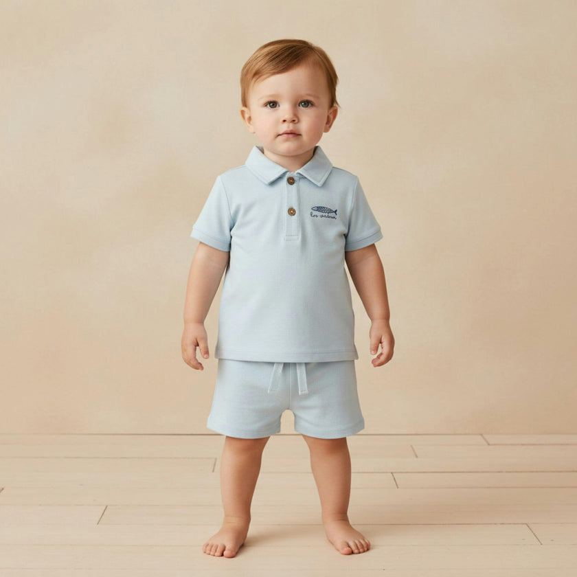 Organic Polo Shirt & Shorts Set - Light Blue