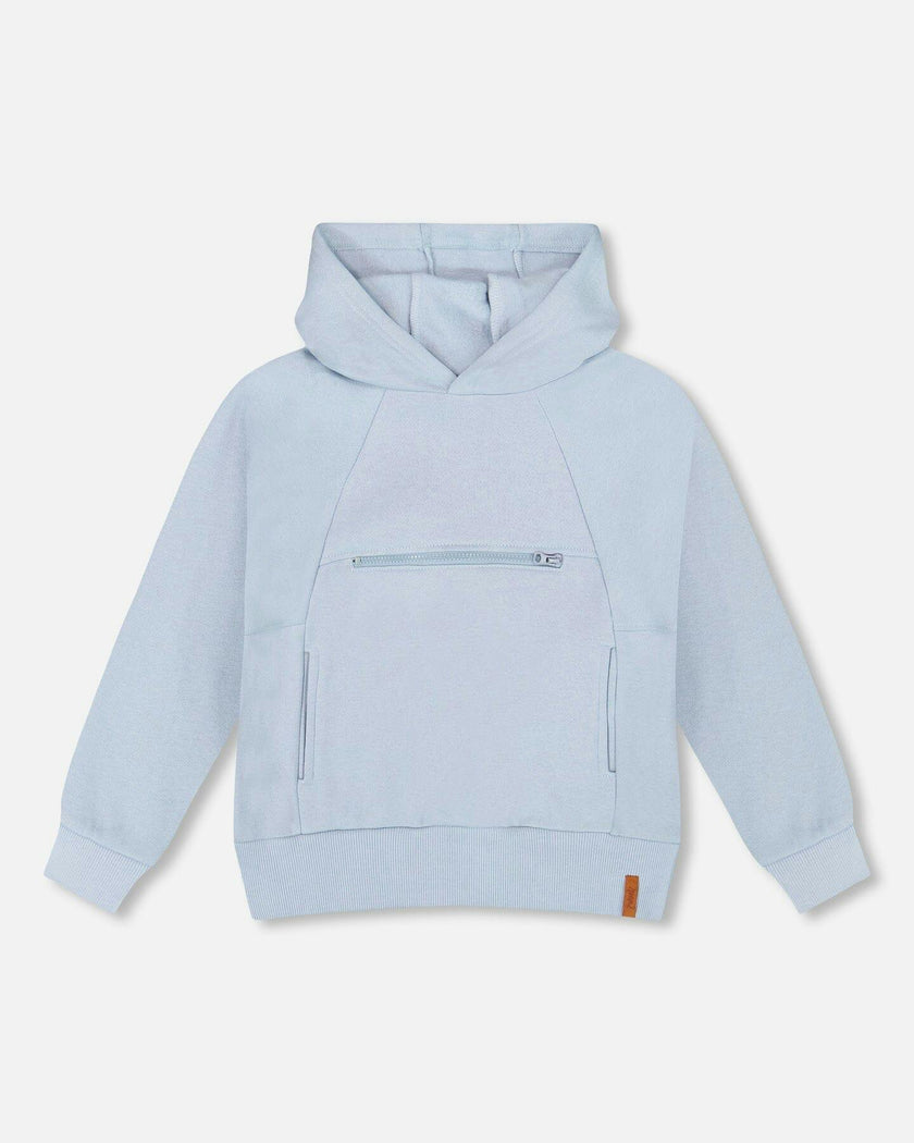 Pullover Hooded Fleece Sweatshirt With Zip Pocket Light Blue
