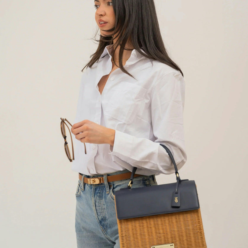 Medium Insulated Hand-Woven Wicker Lunchbox, Natural & Navy