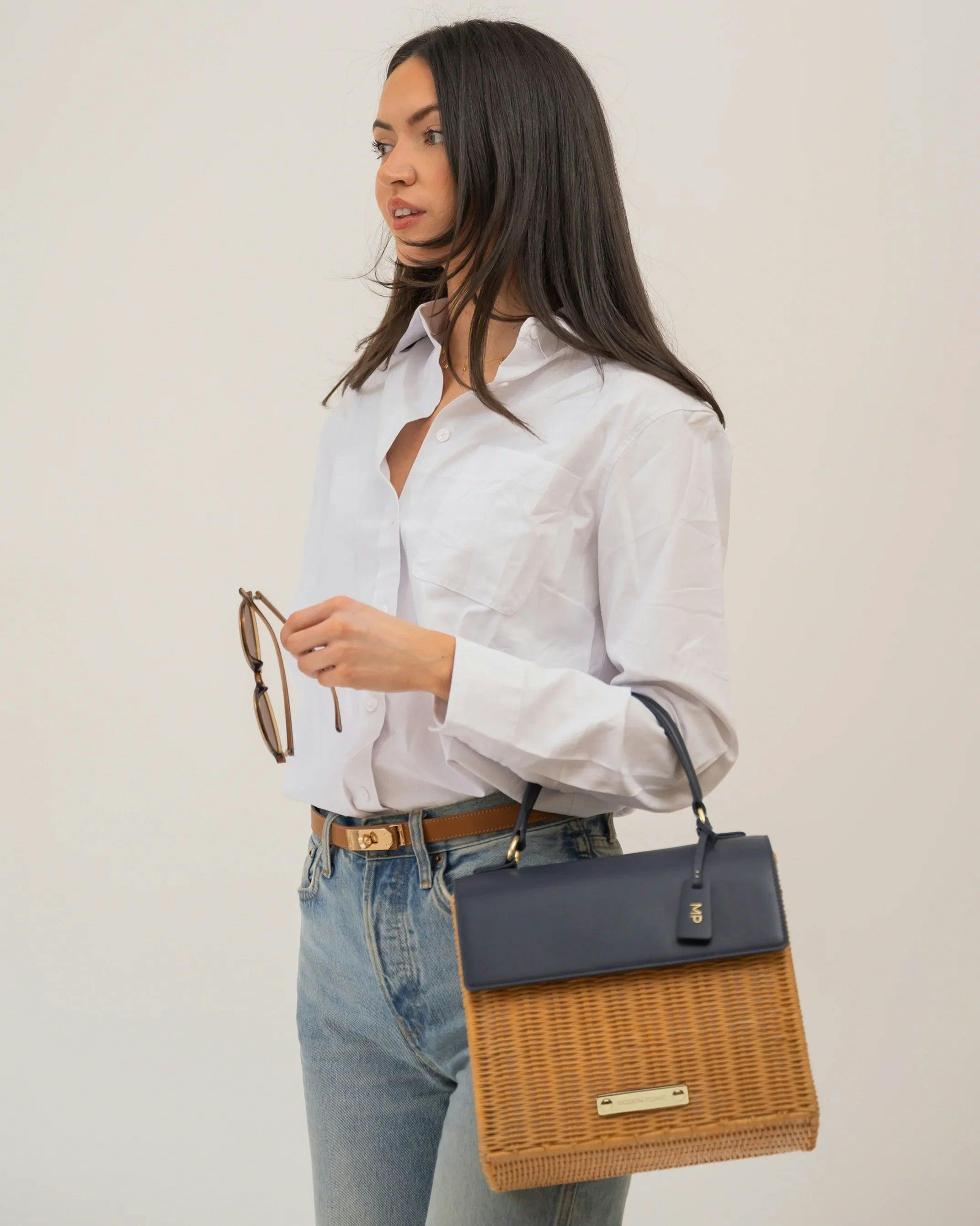 Medium Insulated Hand-Woven Wicker Lunchbox, Natural & Navy