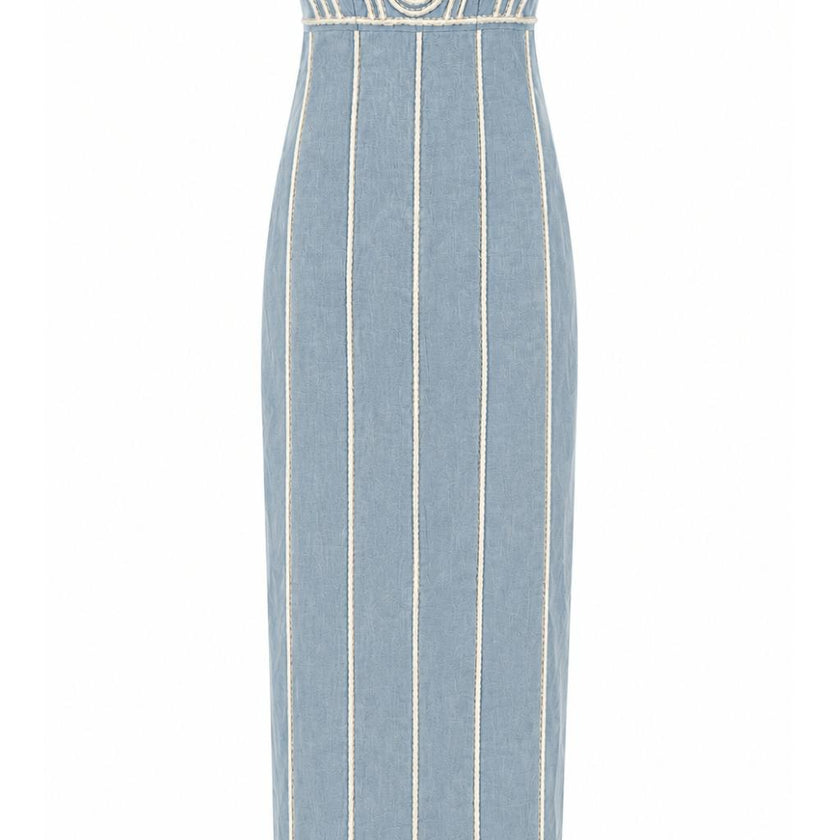 Lylie Coastal Blue Embroidery Strapless Midi Dress