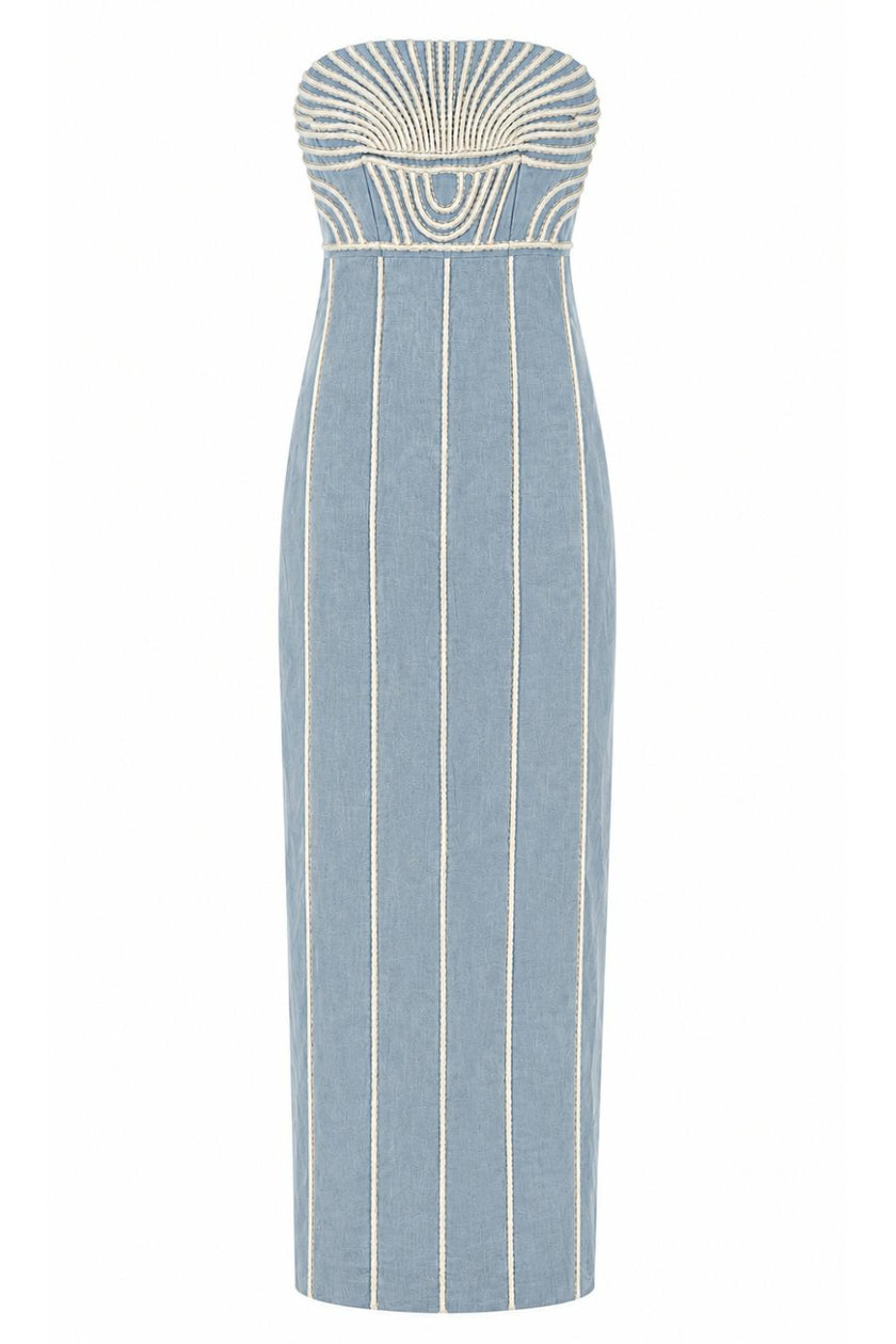 Lylie Coastal Blue Embroidery Strapless Midi Dress