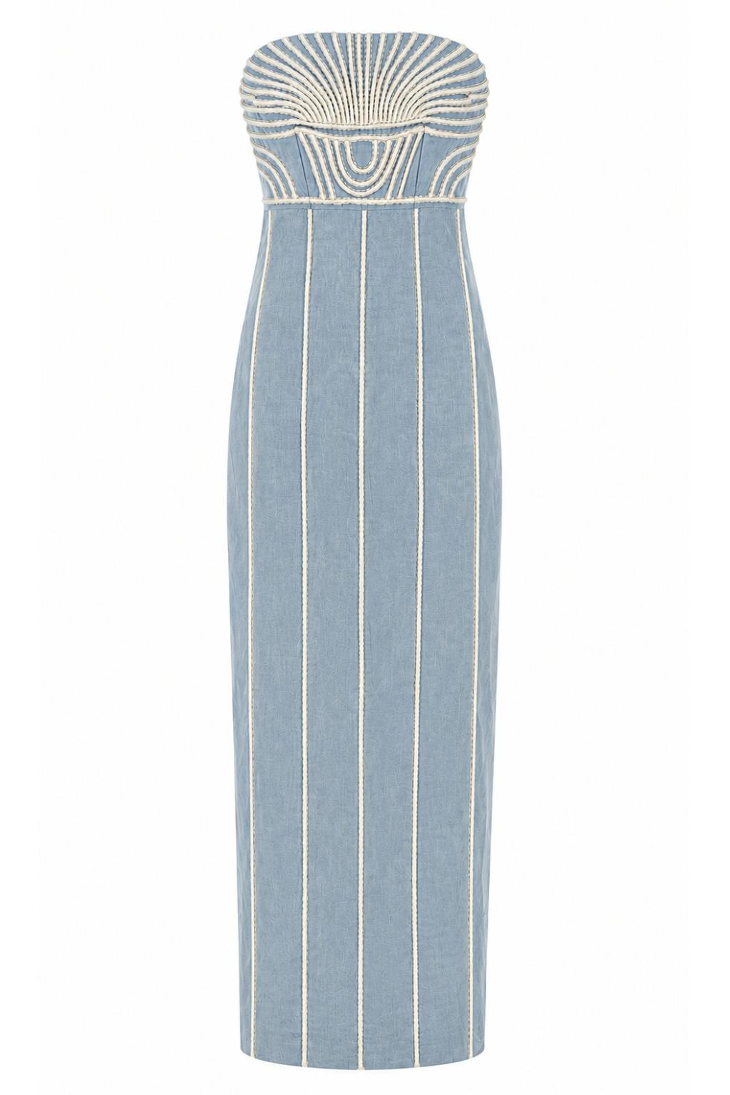 Lylie Coastal Blue Embroidery Strapless Midi Dress