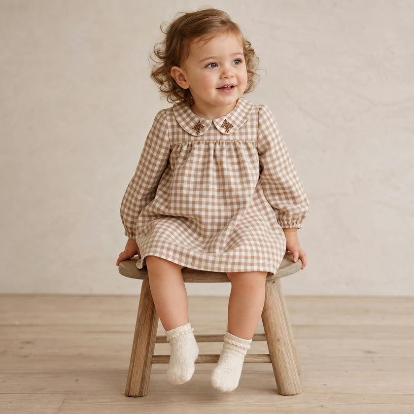 Organic Peter Pan Collar Dress - Oat Gingham