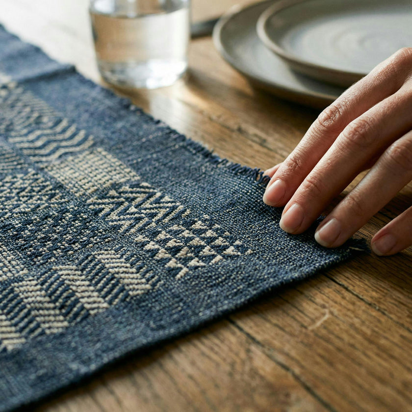 Artisan Hand Loomed Cotton Table Runner - Indigo Blocks - 18"x96"