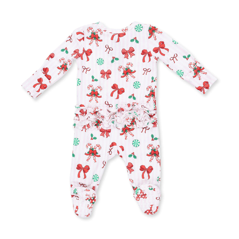 Bows & Candy Canes - 2 Way Ruffle Back Zipper Footie