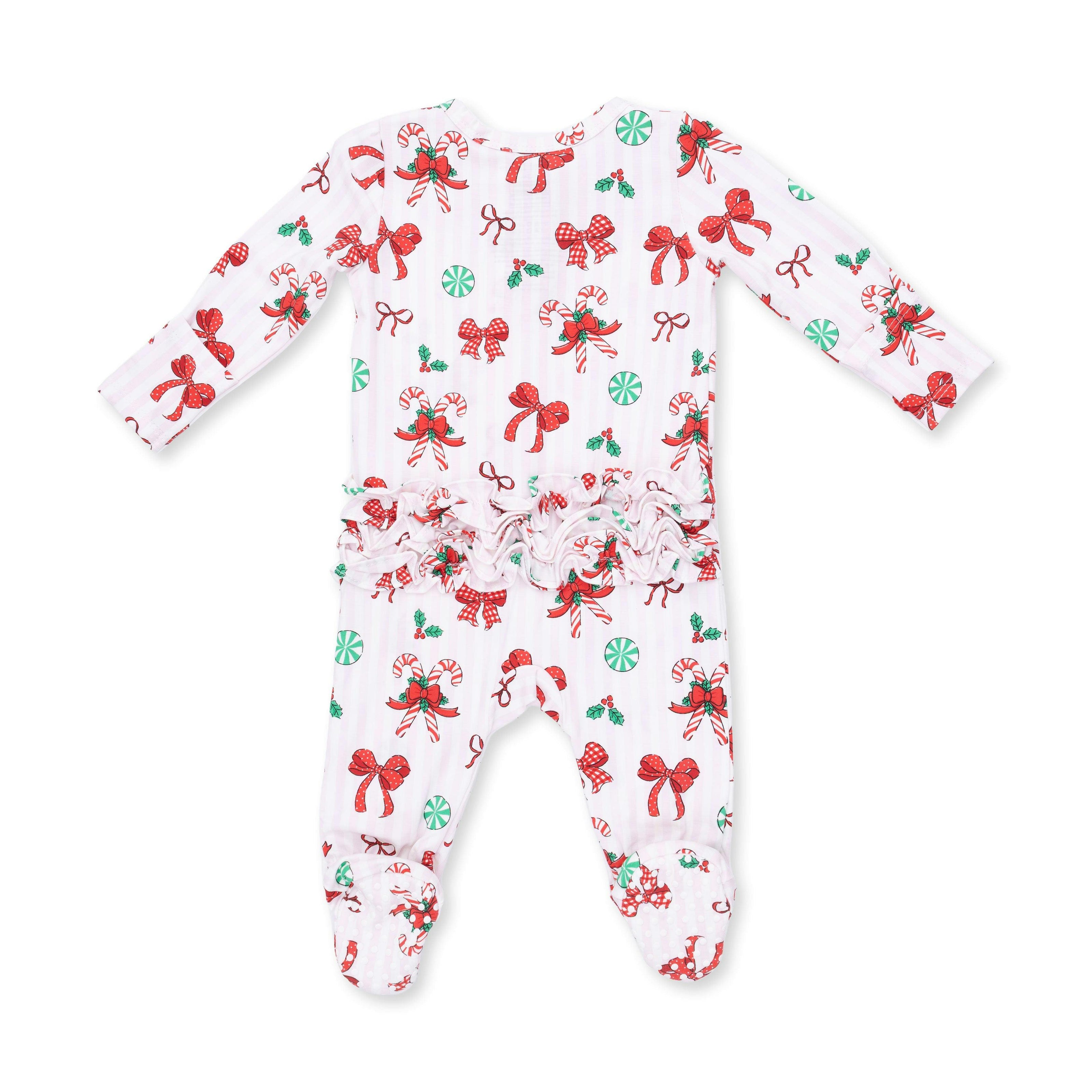 Bows & Candy Canes - 2 Way Ruffle Back Zipper Footie