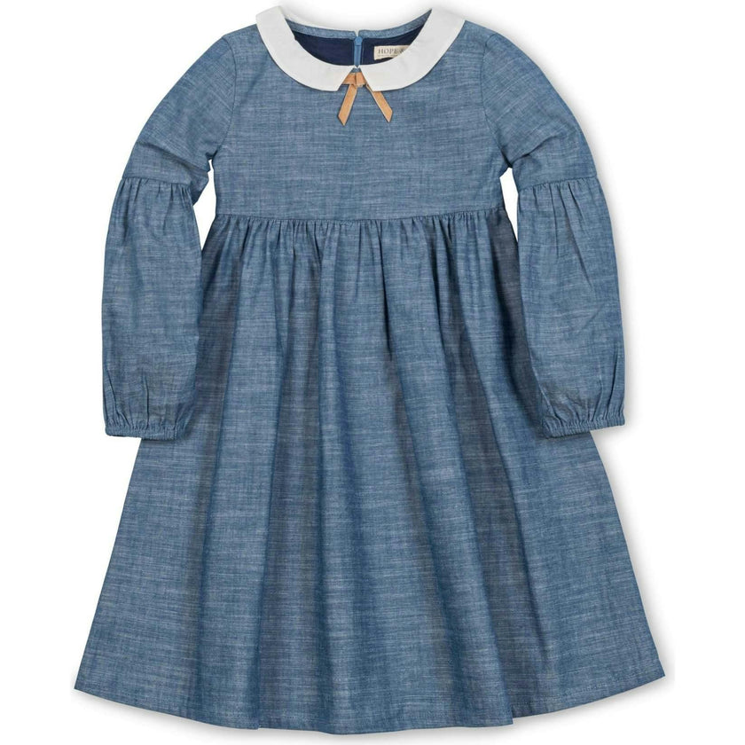 Organic Empire Waist Peter Pan Collar Chambray Dress, Blue