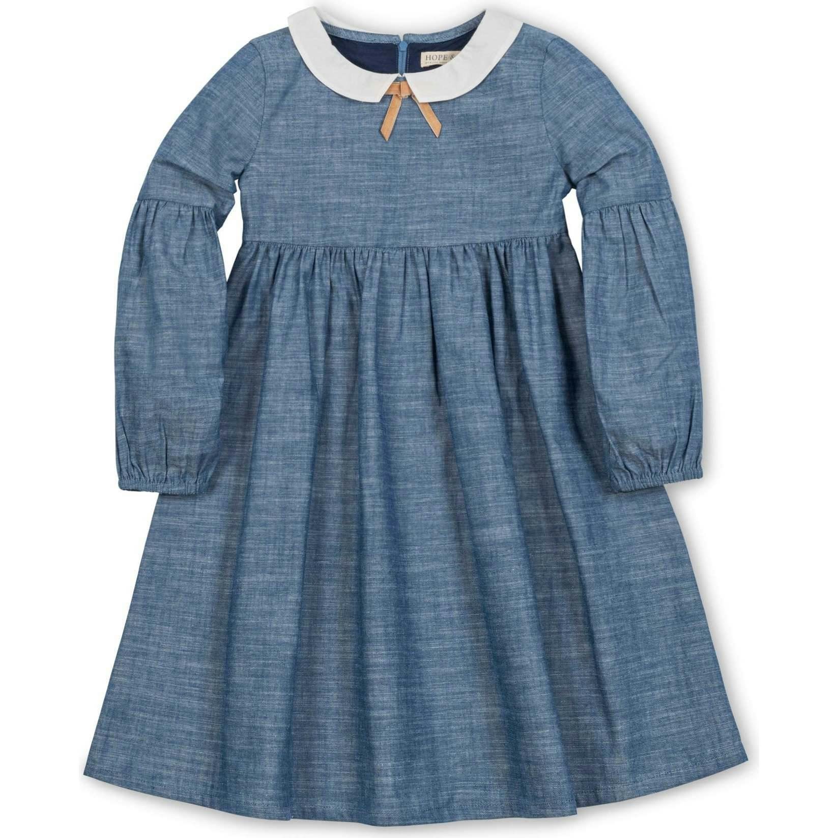 Organic Empire Waist Peter Pan Collar Chambray Dress, Blue