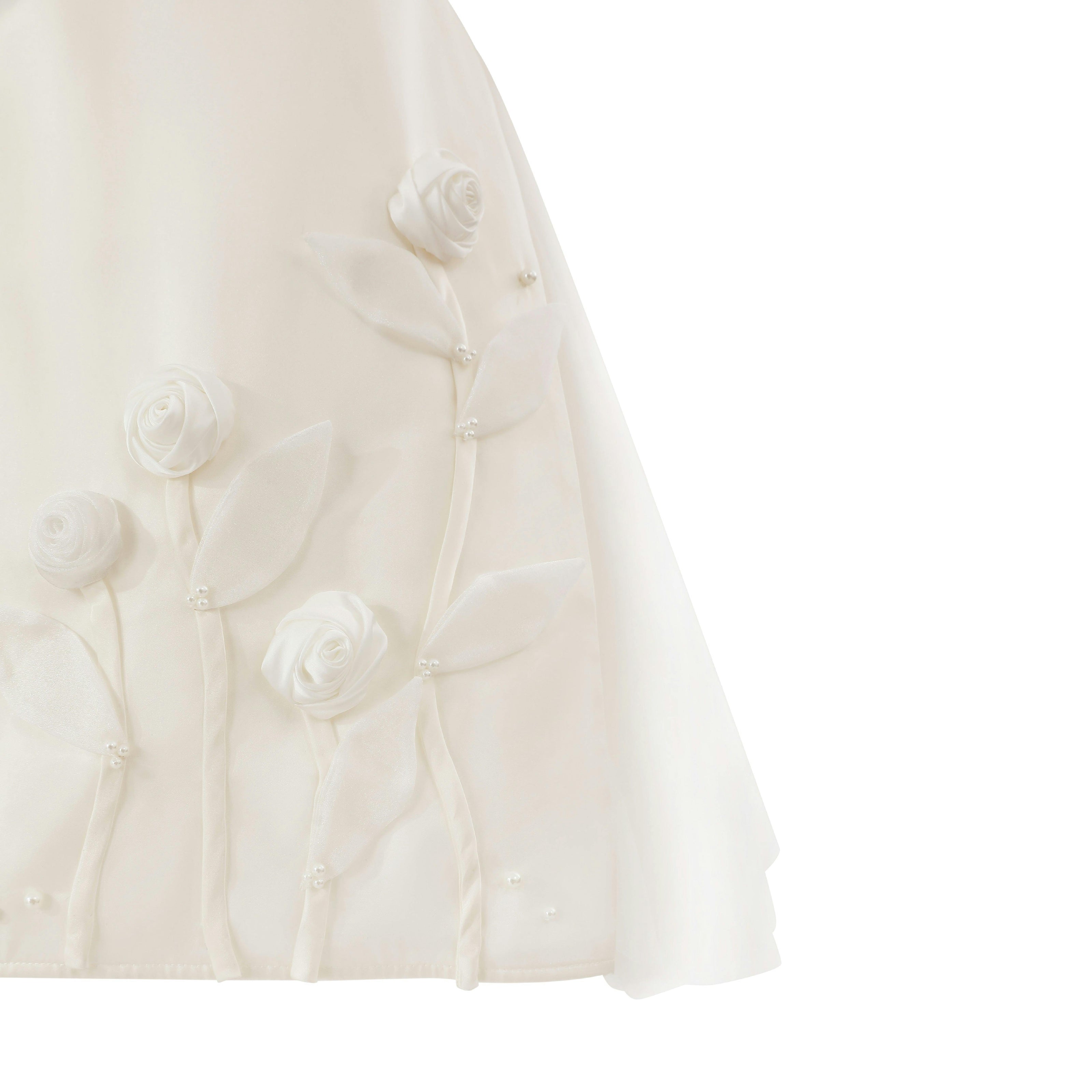 White Valmonta Satin Dress with Floral Accents