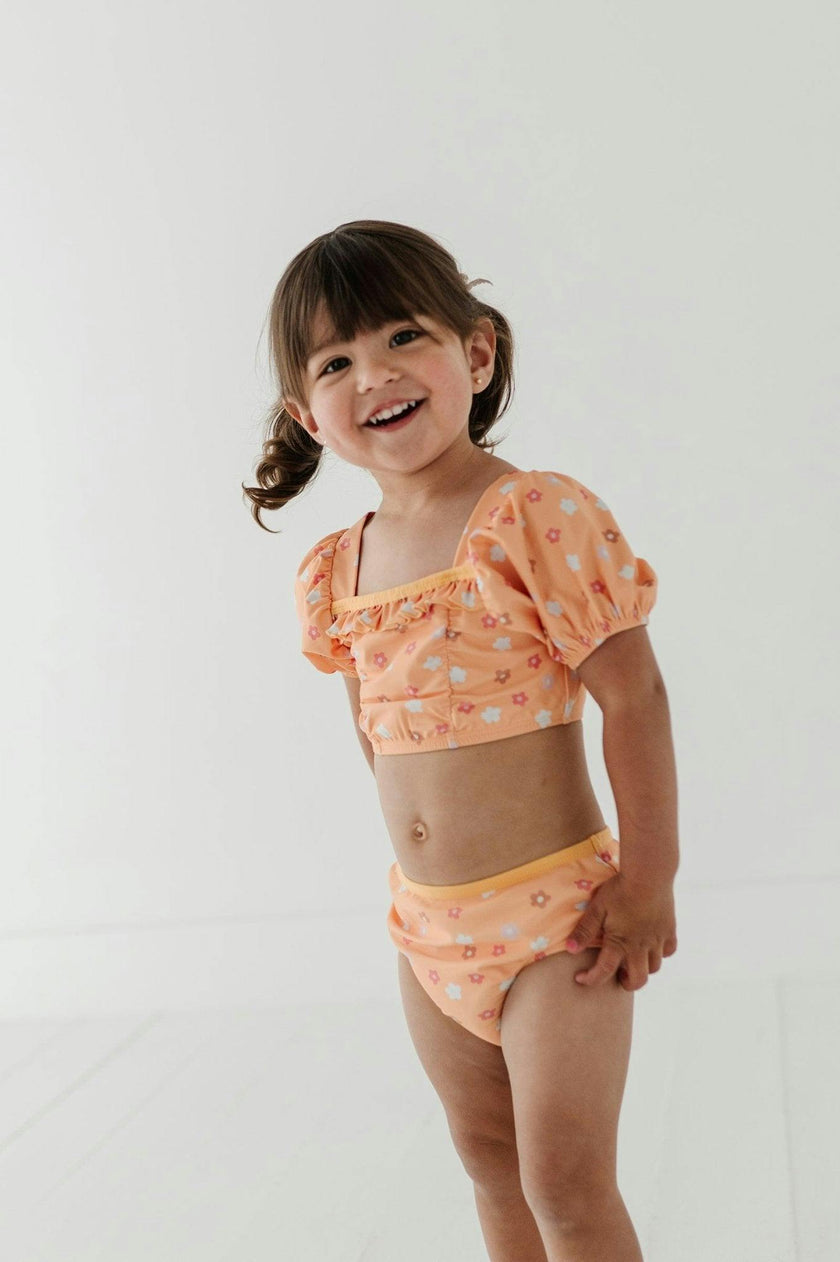 Girls Puff Sleeve Two-Piece Swimsuit in Desert Mist Blooms