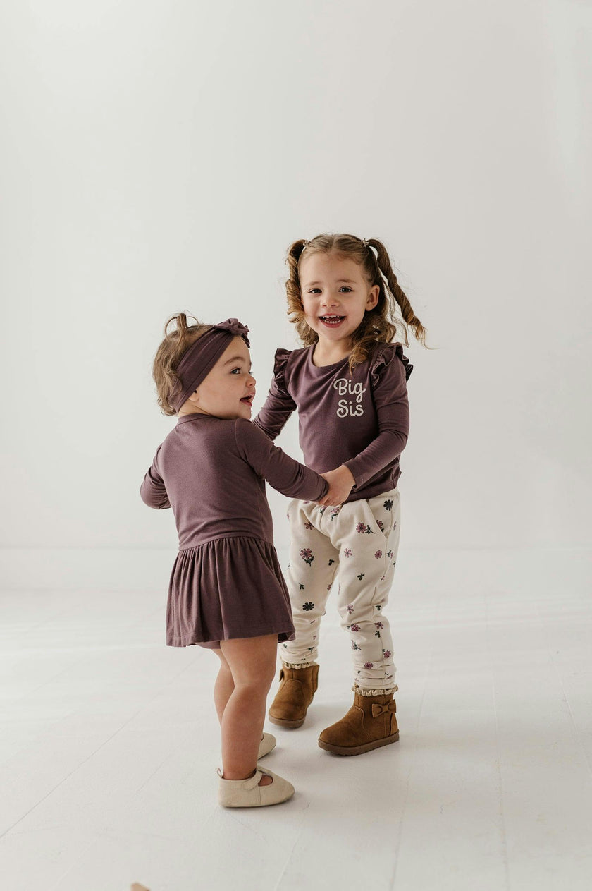Girls Long Sleeve Ruffle Top in Big Sis in Plum