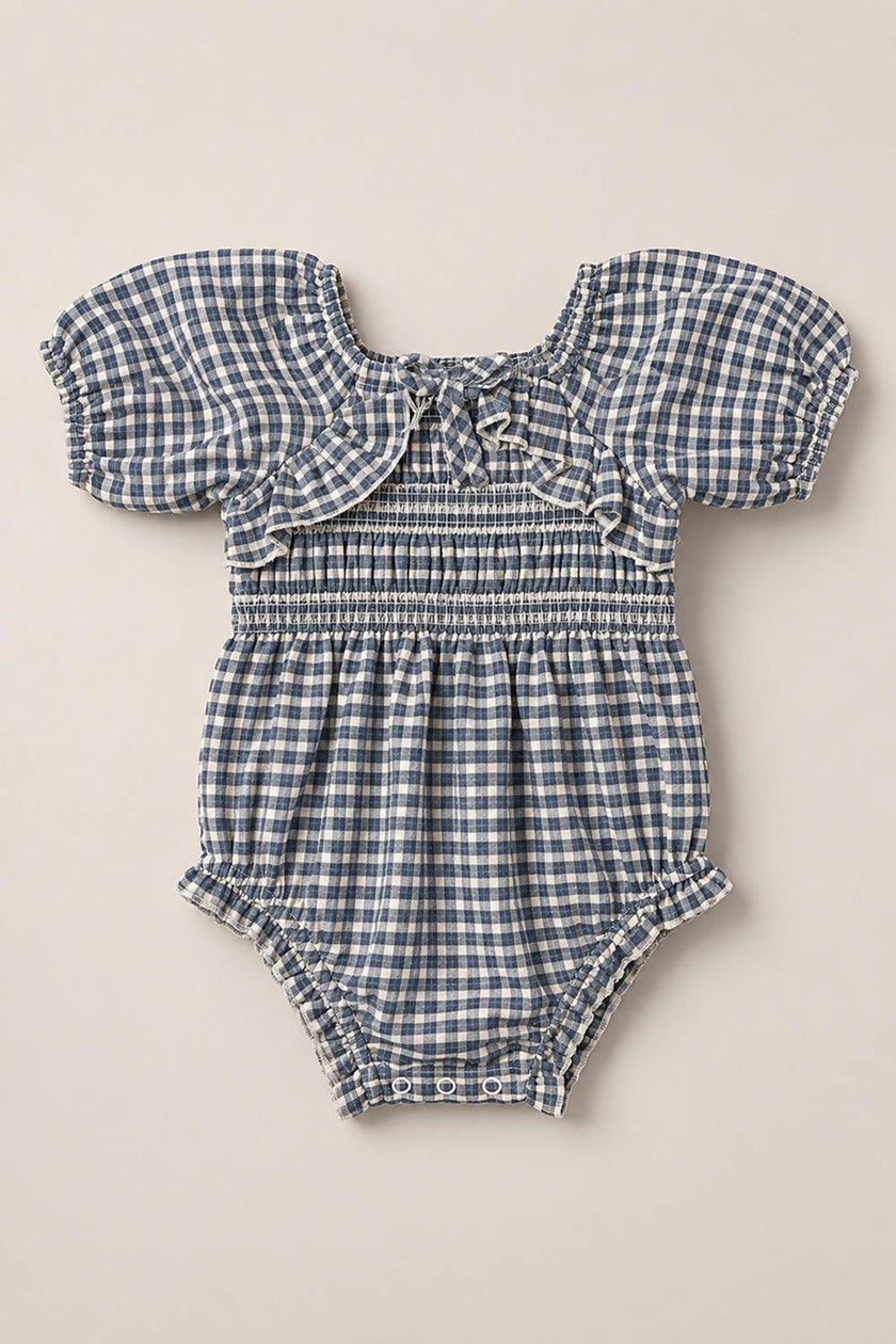 Baby Mae 3/4 Sleeves Romper in Prussian Blue Plaid
