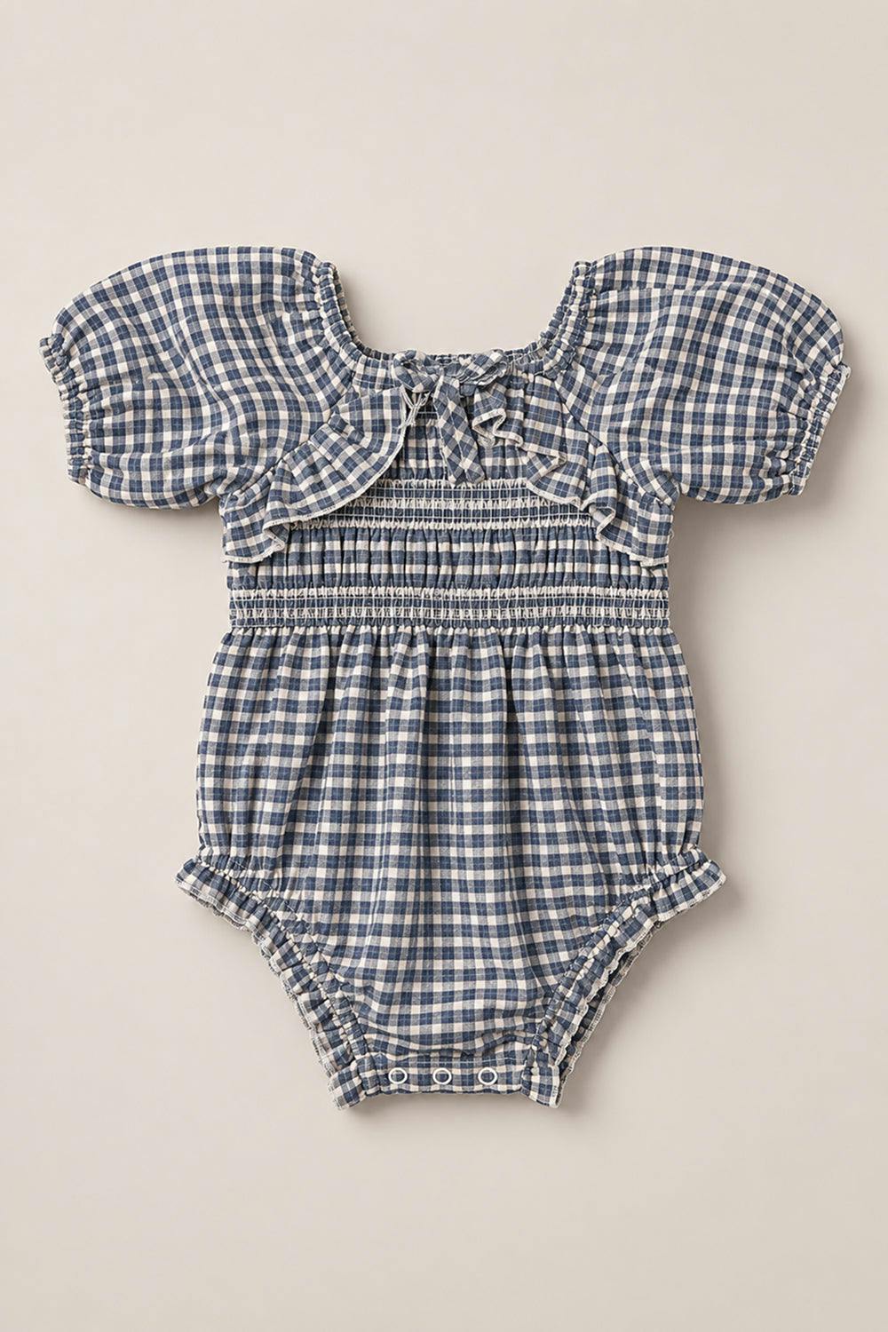 Baby Mae 3/4 Sleeves Romper in Prussian Blue Plaid