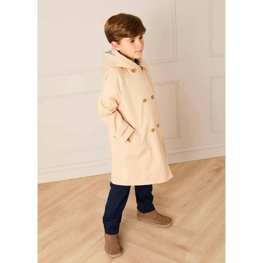 Double Breasted George Check Lined Rain Coat With Detachable Hood in Beige (2-10yrs)
