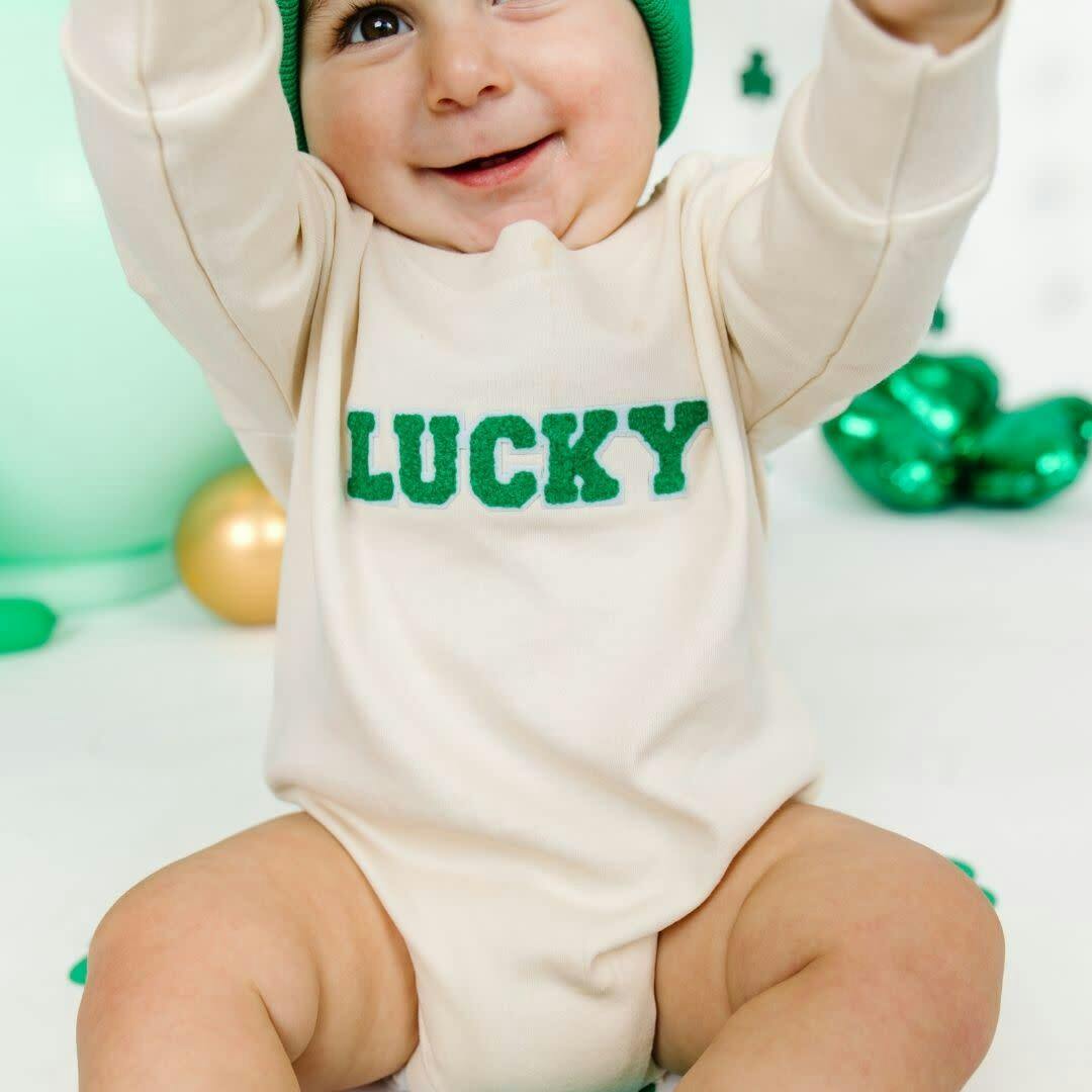 Lucky Varsity Patch St. Patrick's Day Long Sleeve Romper