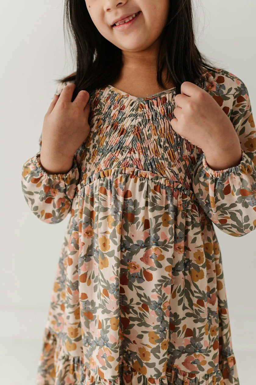 Girls Mitered Smocked Front Babydoll Dress in Mason Small Floral