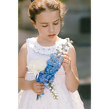 Cordelia White Linen Dress with Blue Tulle Embroidery