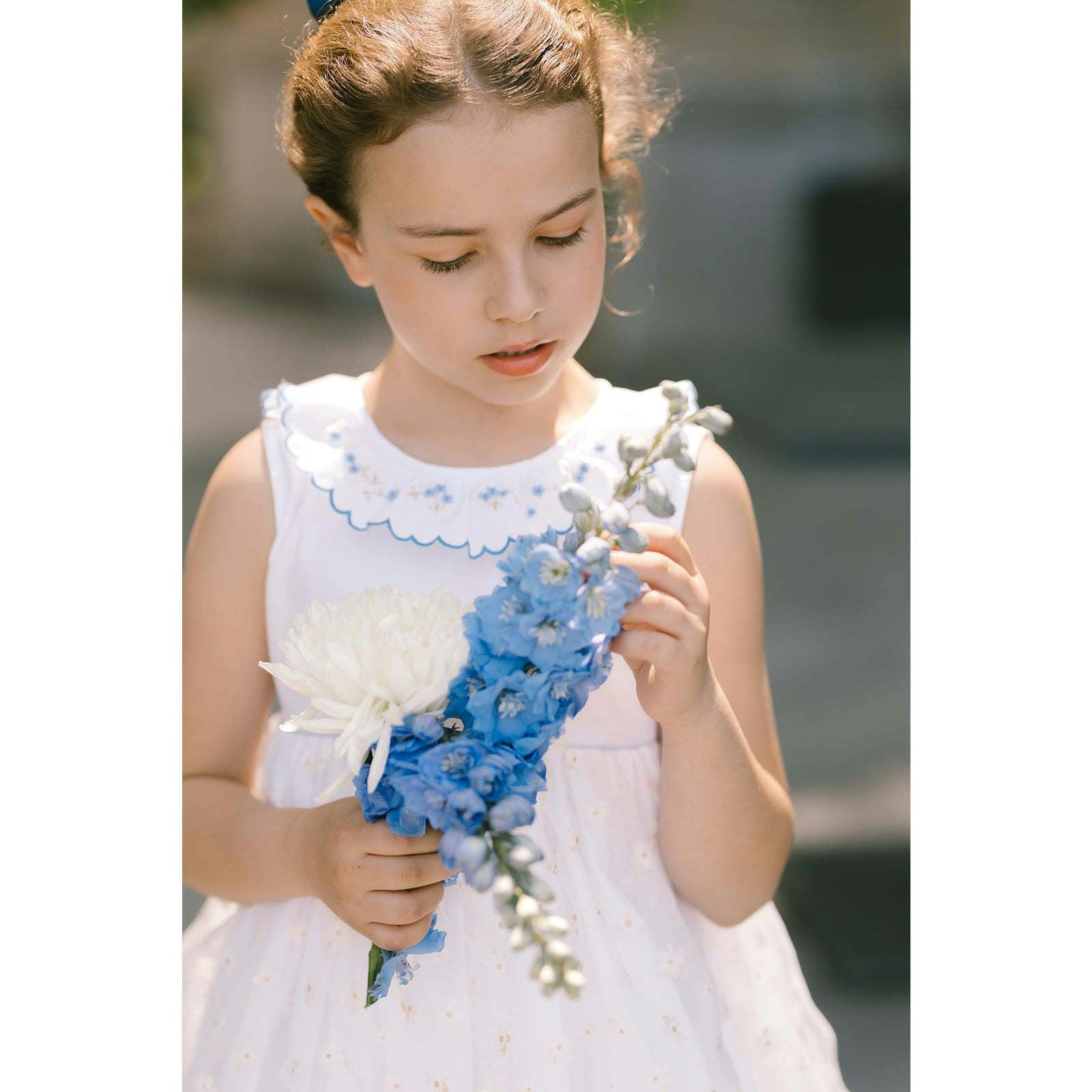 Cordelia White Linen Dress with Blue Tulle Embroidery